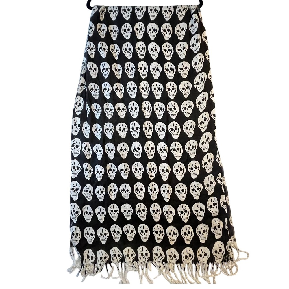 Black White Skull Print Scarf Goth Fringe Unisex Lightweight